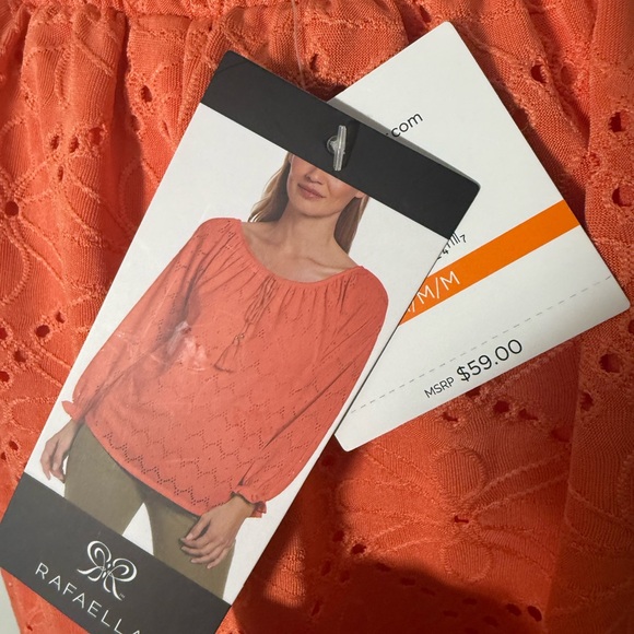 Rafaella Top Eyelet Peasant Blouse M 3/4 Sleeve Tie Front NWT Orange Boho Medium - Picture 7 of 9